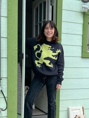 Grey Mythical Dragon Crewneck Sweater Lime Green Lion Motif Purple Dragon Back L